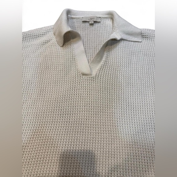 LOFT White Open Stitch Short Sleeve Polo Sweater Knit Top Large - Picture 8 of 10